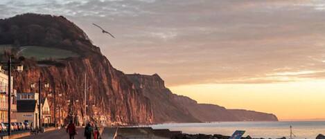 A coastal road with buildings on one side and cliffs on the other.