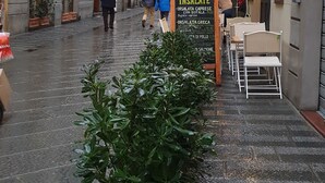 A narrow street with a hotel named "HOTEL REX" on the left, featuring a traditional facade with green shutters and a signboard. - Soggiorno Annamaria (Florence)