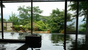 Un jacuzzi con vistas a un jardín y un edificio.