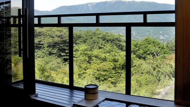 Una habitación con un ventanal grande que da a un área boscosa y montañas.