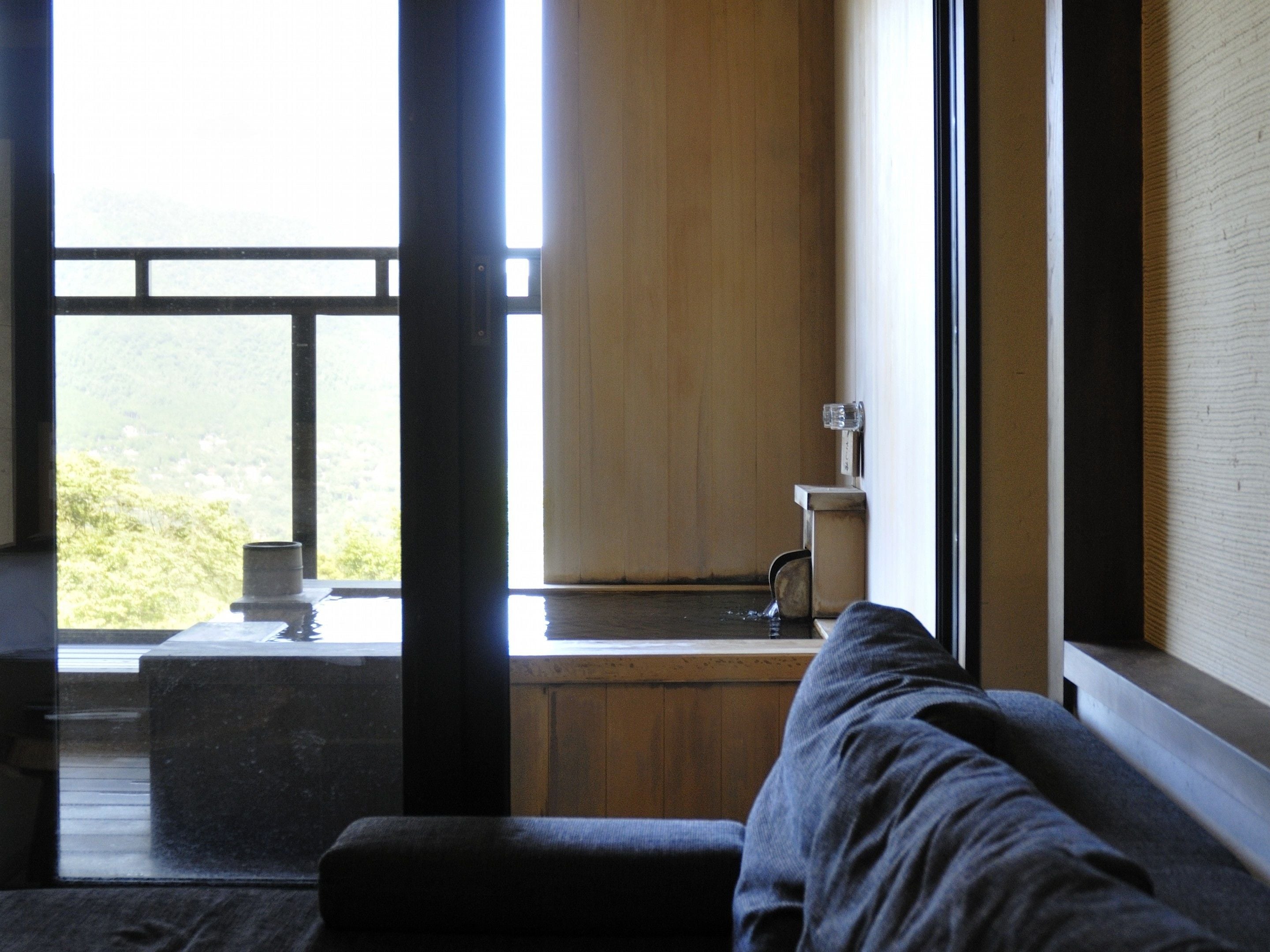 A modern interior with a wooden floor, a dark-colored sofa, a small sink, and a view of greenery outside.