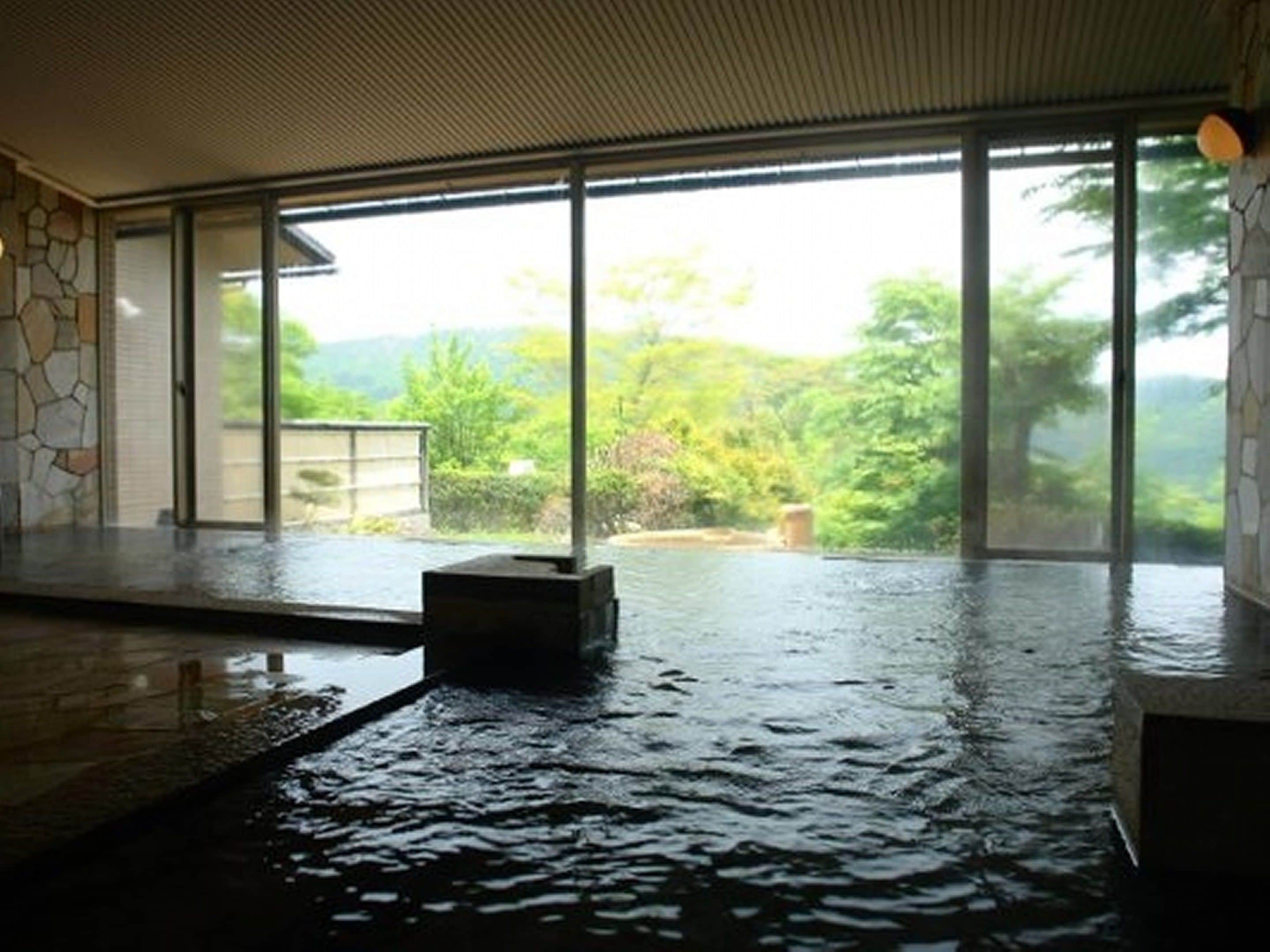 A modern interior with a stone wall and large windows overlooking a garden.