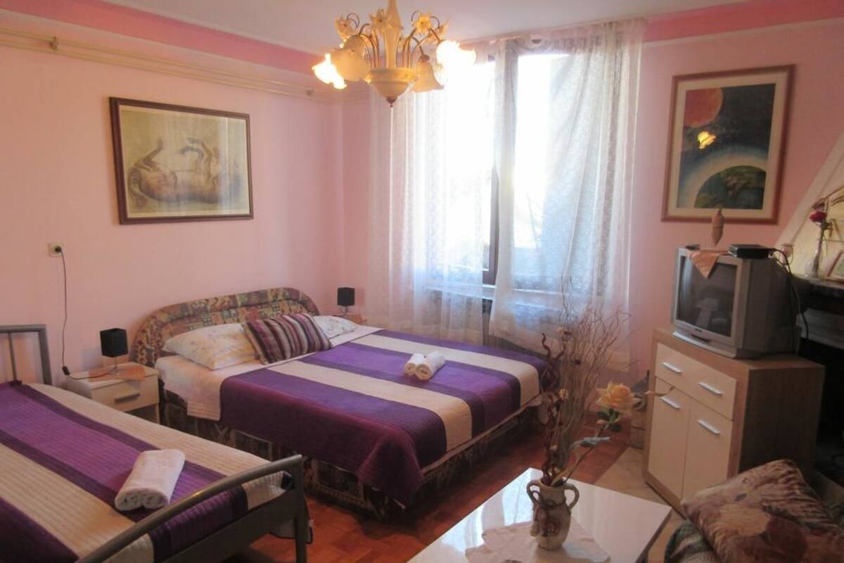 Quarto com duas camas, televisão e escrivaninha com um vaso.