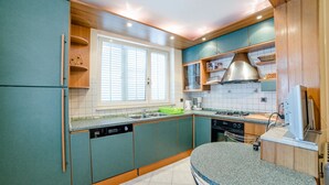 A modern kitchen with teal cabinets, a stainless steel range hood, a built-in dishwasher, and a granite countertop. - Apartment Lucio 804 (Porec)