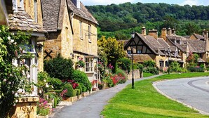 A row of traditional stone houses with a curved road in front, surrounded by lush greenery and flowering plants. - Crown and Trumpet Inn (Broadway)
