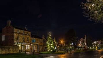 Un bâtiment historique, un sapin de Noël, un lampadaire et un monument.