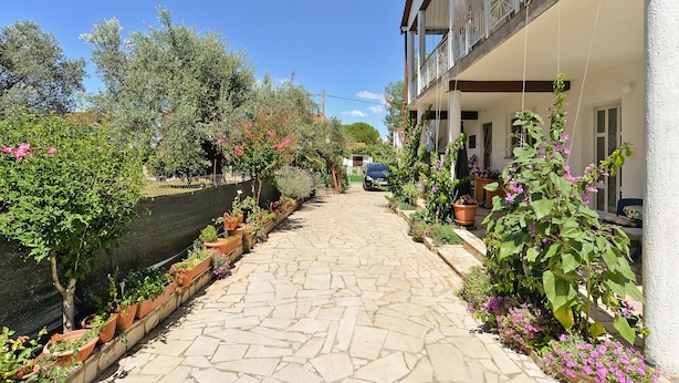 Un camí de pedra estret, flanquejat per plantes en testos i arbustos florits, que condueix a un edifici amb un balcó.