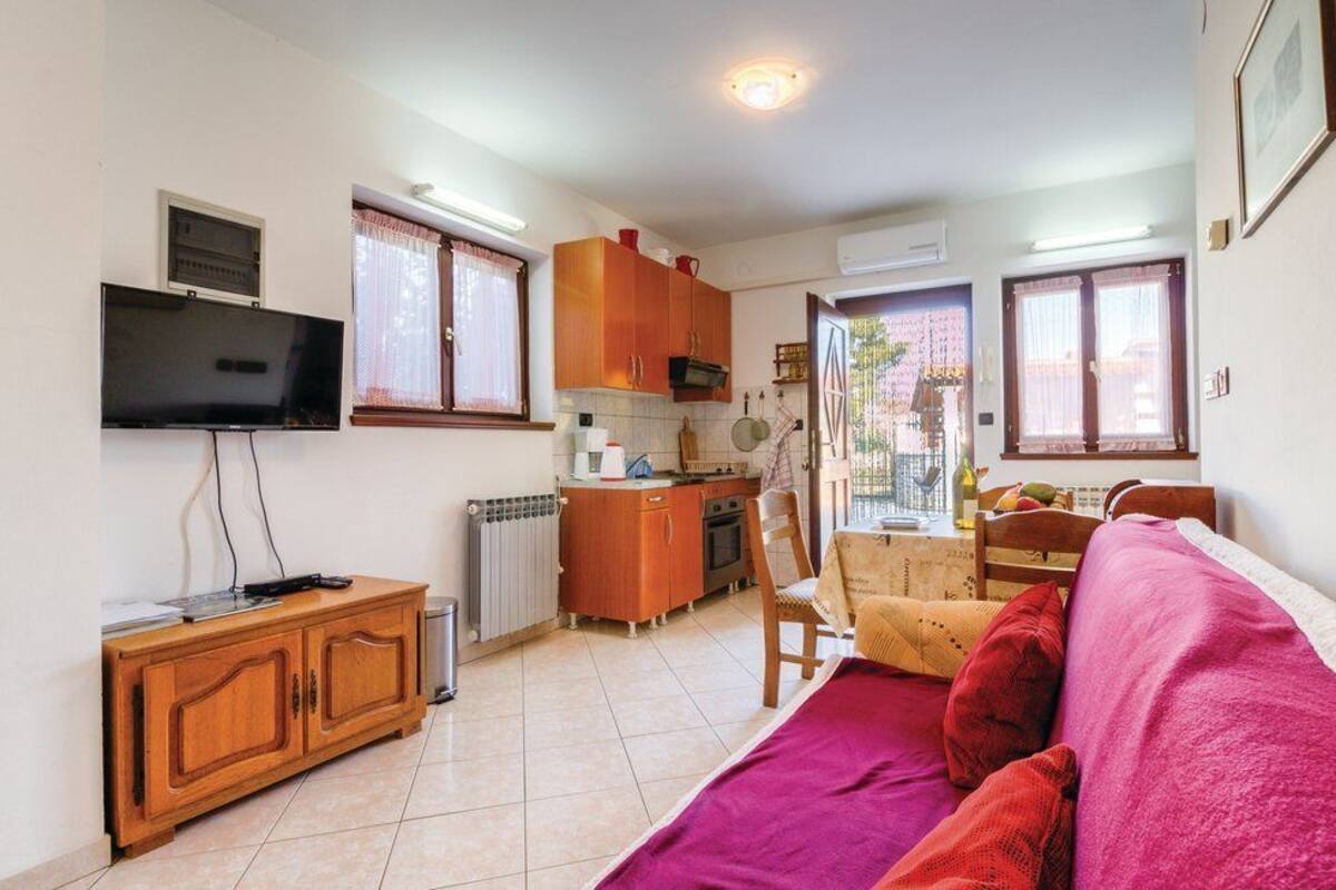 Un espacio habitable compacto con kitchenette, televisor, zona de comedor y sofá.