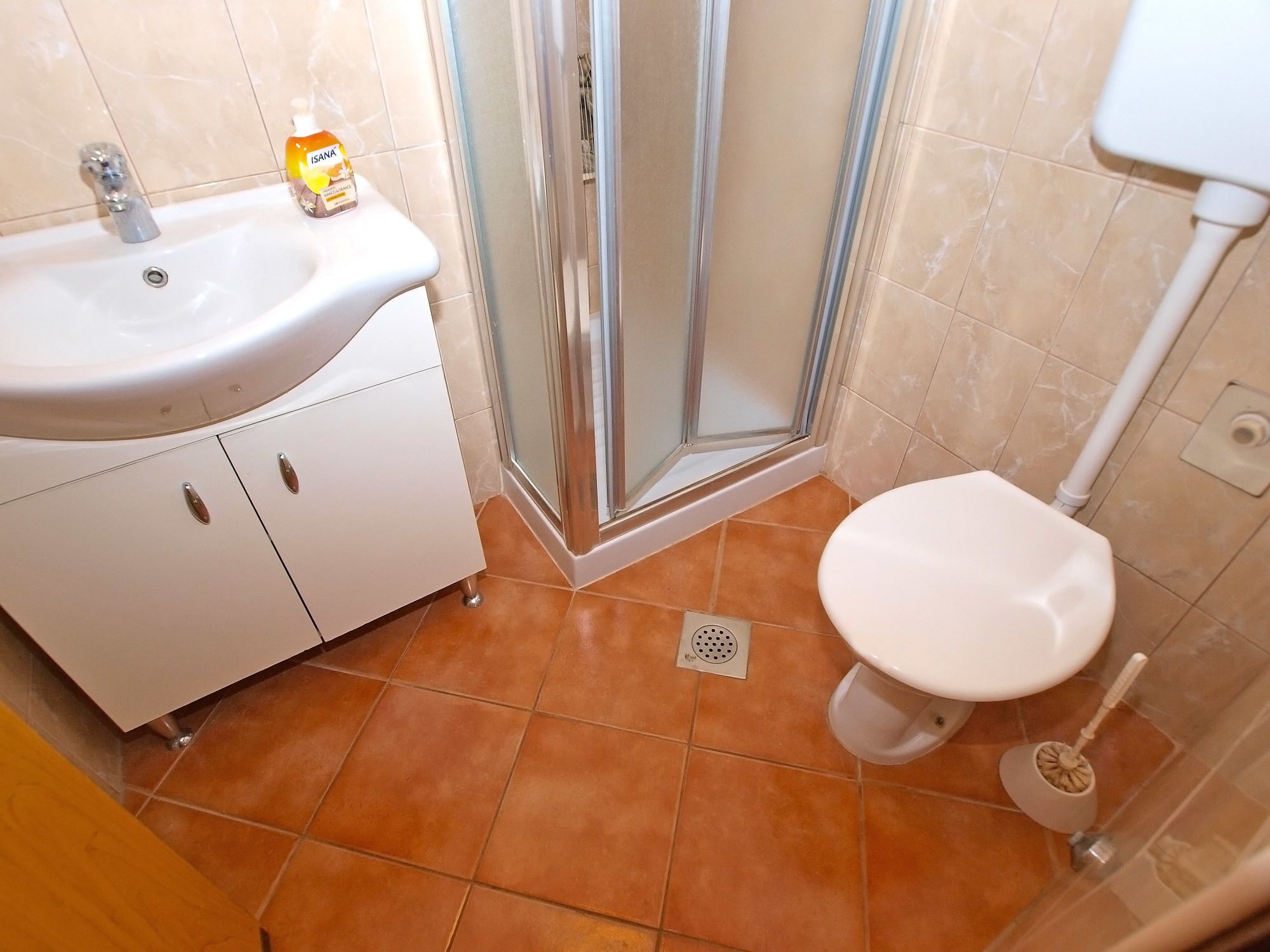 Une salle de bain avec un lavabo, des toilettes et une douche.