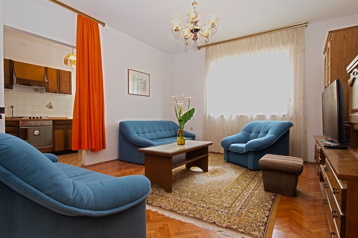 A living room with blue sofas, a coffee table, a rug, a chandelier, and a television.