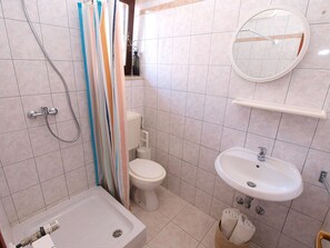 A bathroom with a shower, toilet, sink, and a mirror.