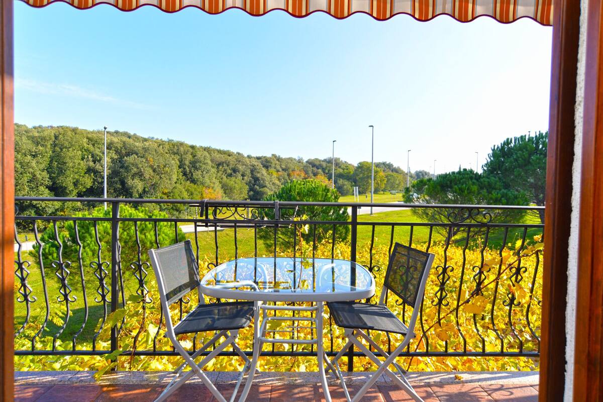 A balcony with a table and chairs, overlooking a grassy area and trees.