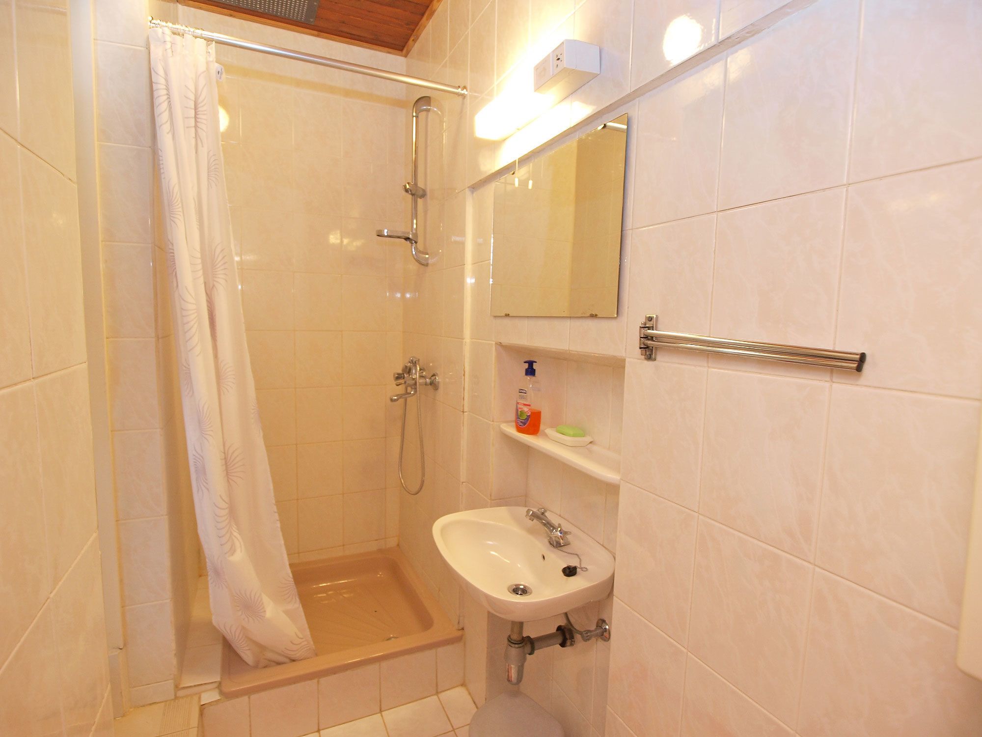 A bathroom with a shower, a sink, and a mirror.