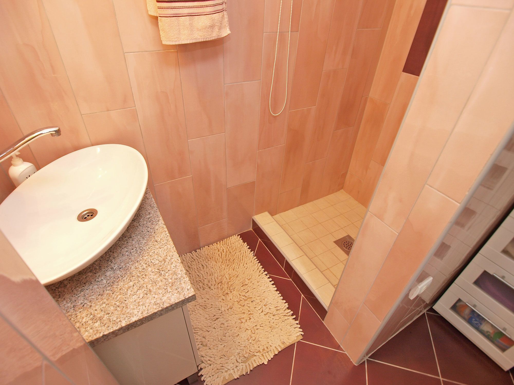 A bathroom with a sink, a shower, and a small rug on the floor.