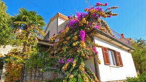A two-story house with a stone facade, a balcony, and flowering vines. - Apartments Marisa 981 (Labin)