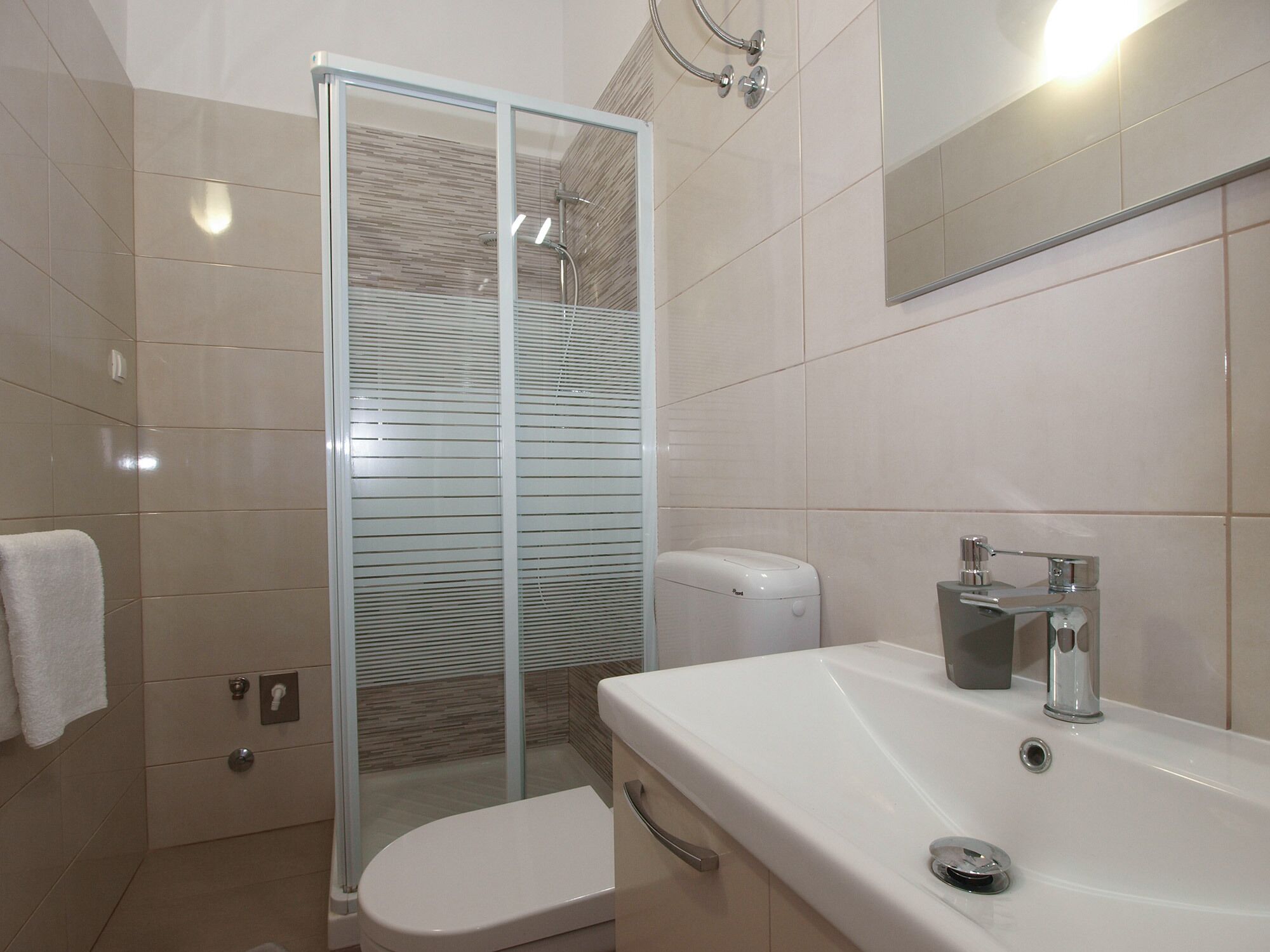 Un baño moderno con ducha de vidrio, inodoro blanco y lavamanos con espejo.