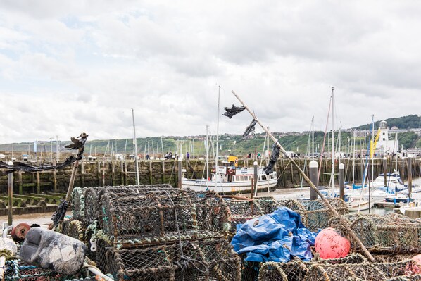 A harbor with fishing nets and boats, a dock with people, and a hill in the background. - The Esplanade Hotel (Scarborough)