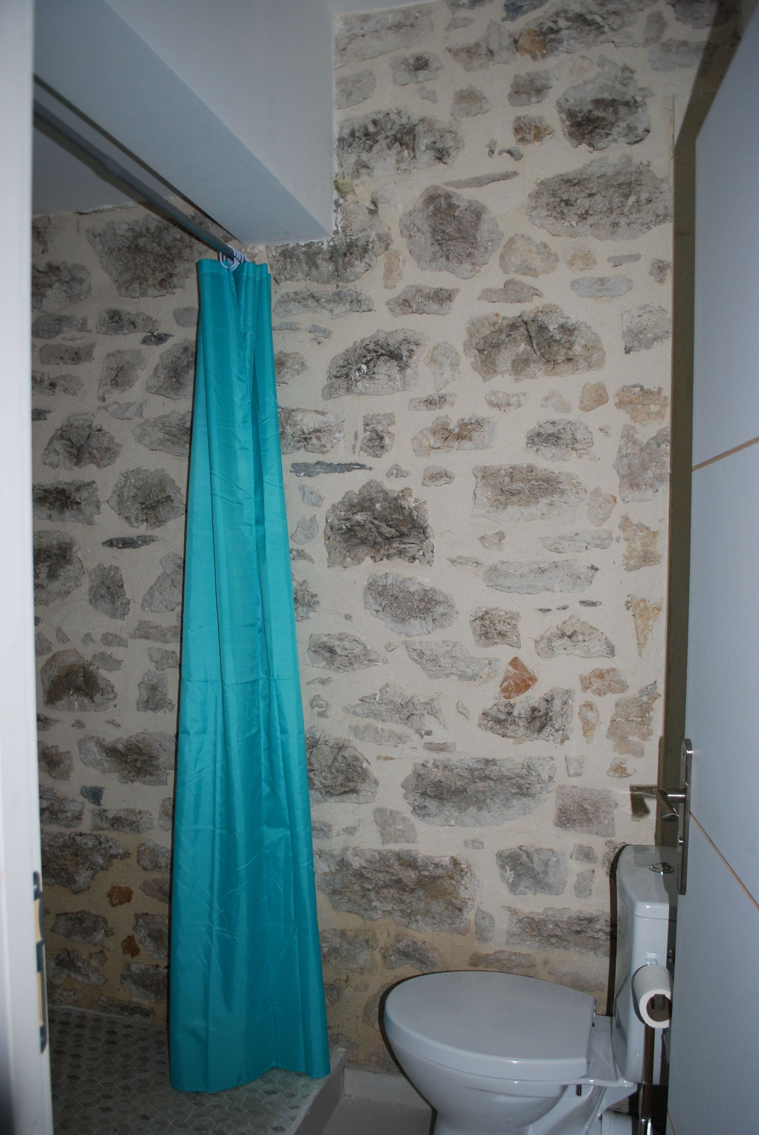 A bathroom with a stone wall, a white toilet, and a turquoise shower curtain.