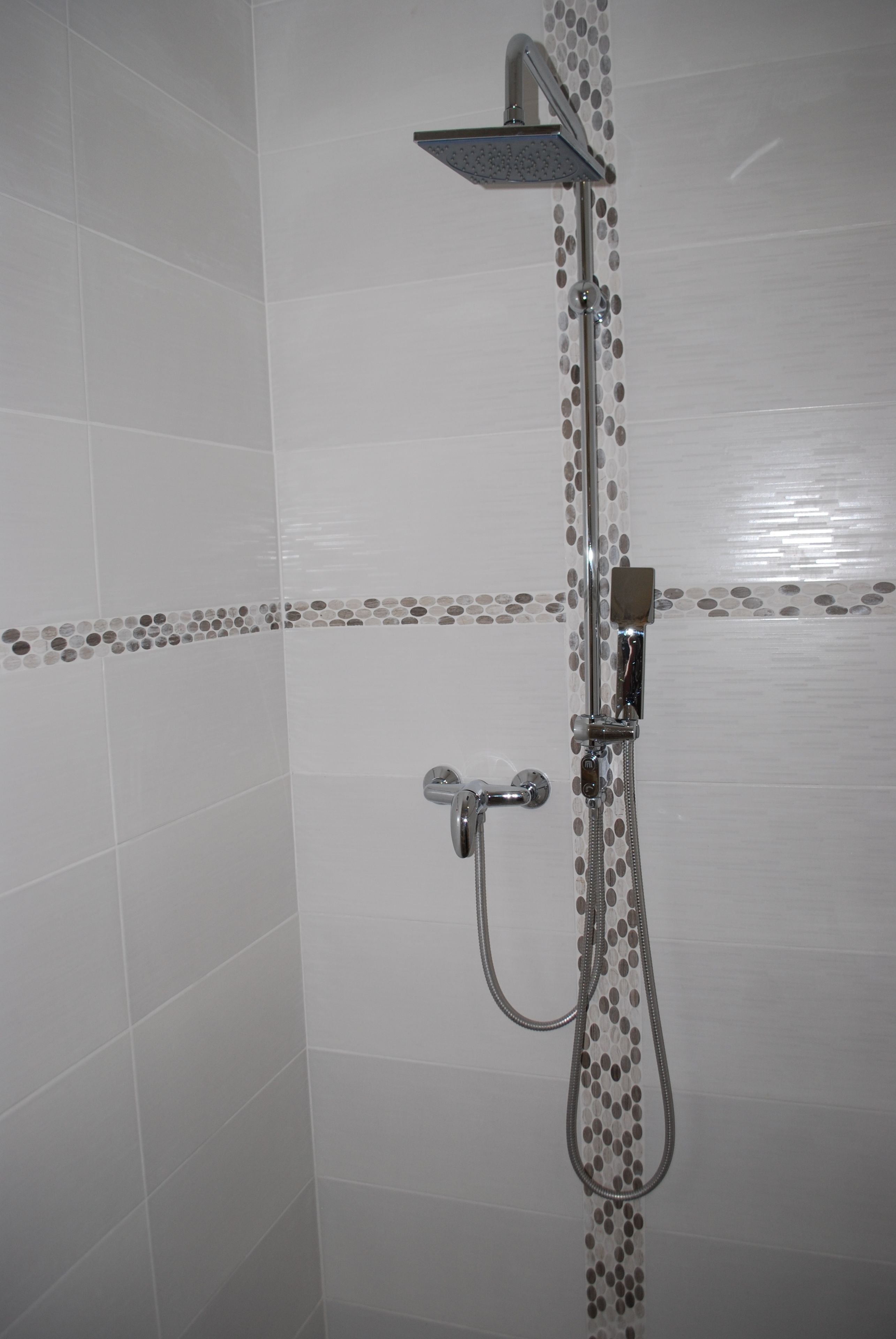Una ducha con cabezal de ducha manual y otro cabezal tipo lluvia instalado en la pared.