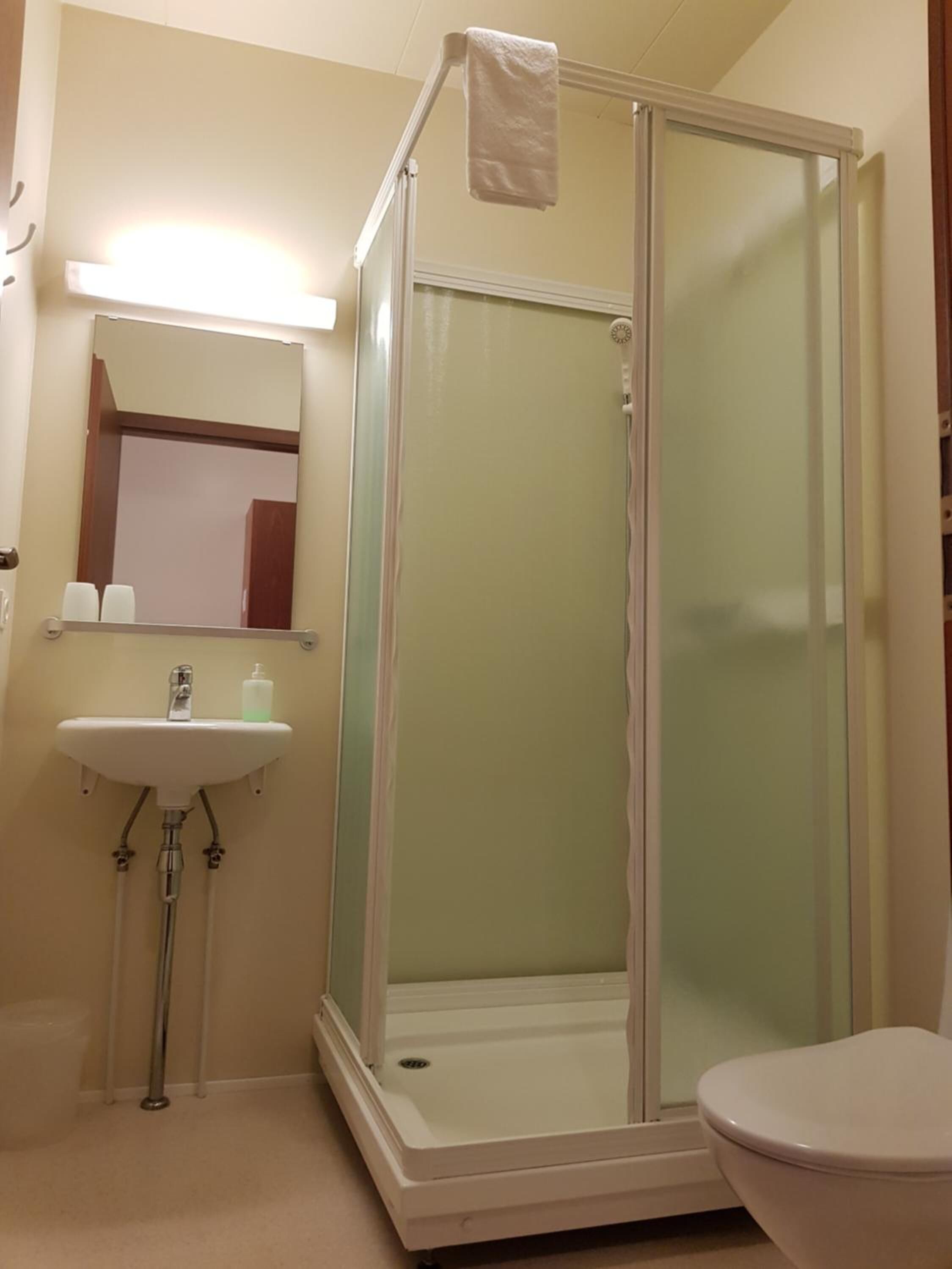 A bathroom with a glass-enclosed shower, a sink with a soap dispenser, and a toilet.