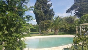 Une piscine entourée d’une végétation luxuriante et d’arbres.