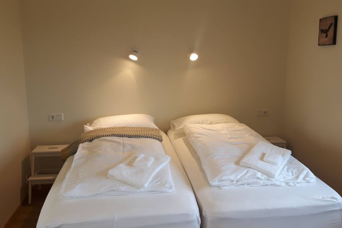 Habitación doble con dos camas, una mesita de noche pequeña e iluminación en la pared.