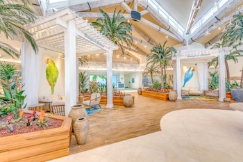 Hotel entrance and lobby at Margaritaville Resort Orlando with H2O Waterpark