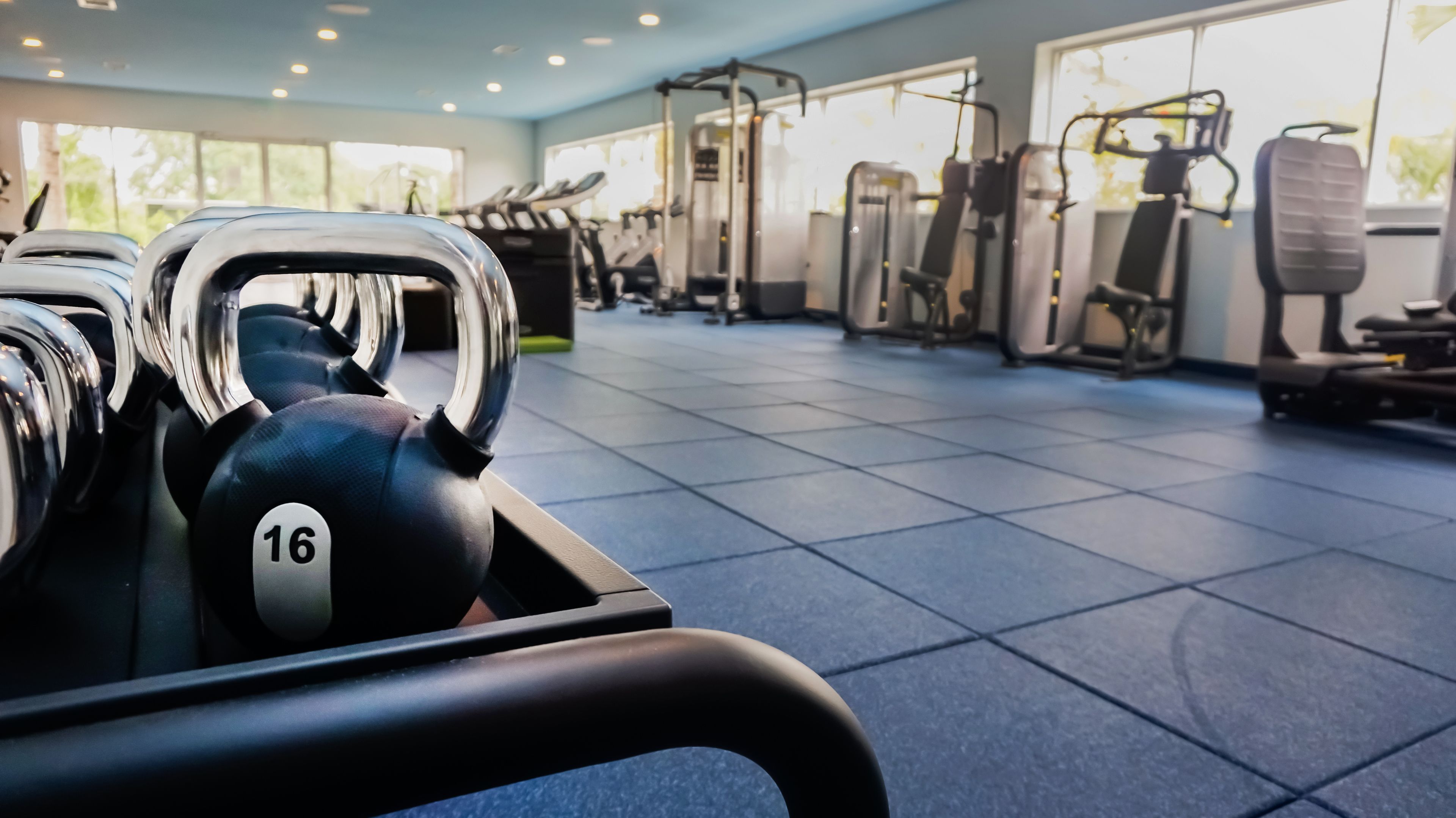 Et fitnesscenter med træningsudstyr, herunder håndvægte og løbebånd.
