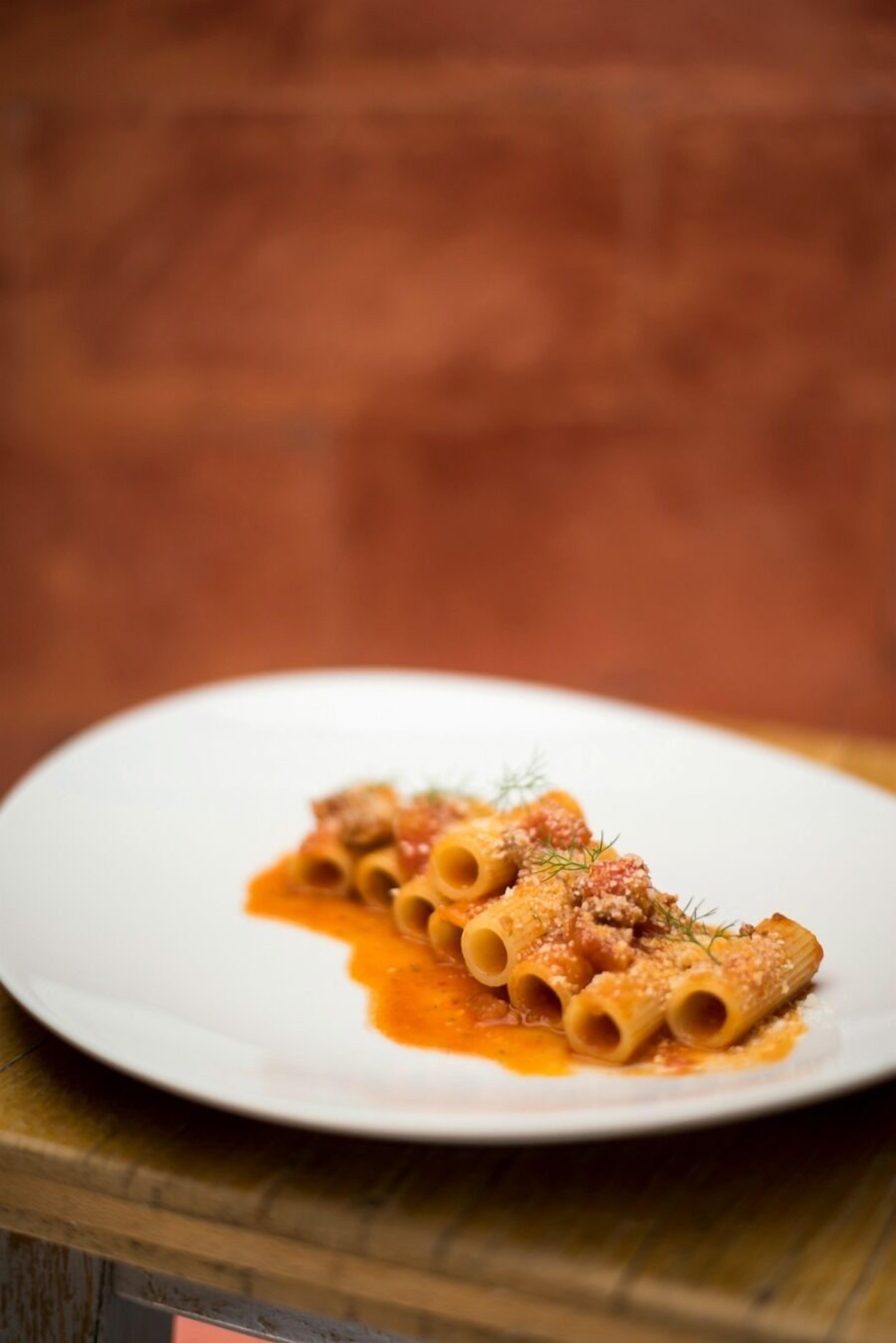 A plate of pasta with a tomato-based sauce and a garnish on a white plate.