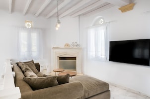 Flat-screen TV, fireplace