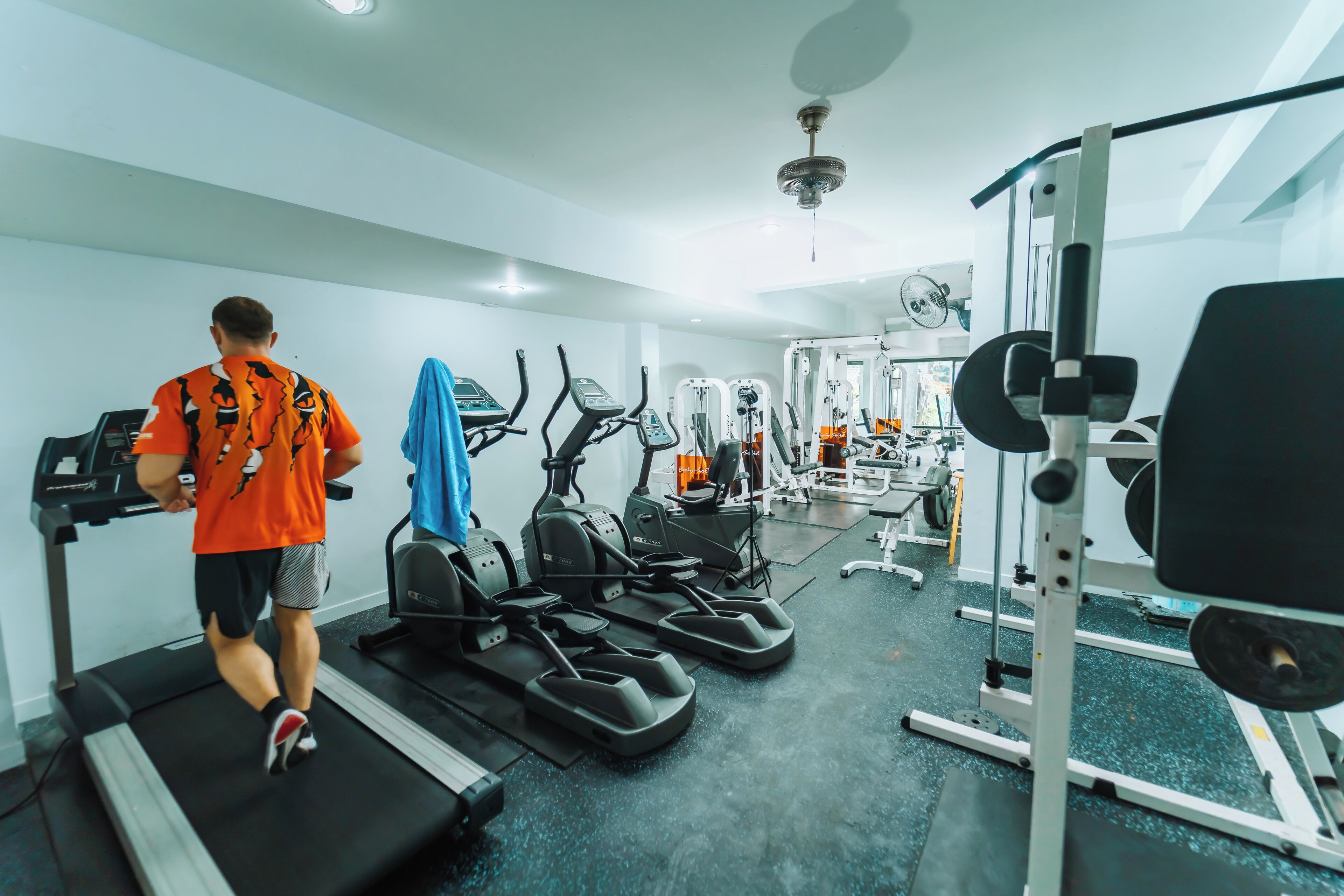 A gym with treadmills, elliptical machines, and weightlifting equipment.