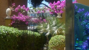 A courtyard with a tiled pathway, potted plants, and a large tree. - Hotel Ribes Roges (Vilanova I la Geltru)