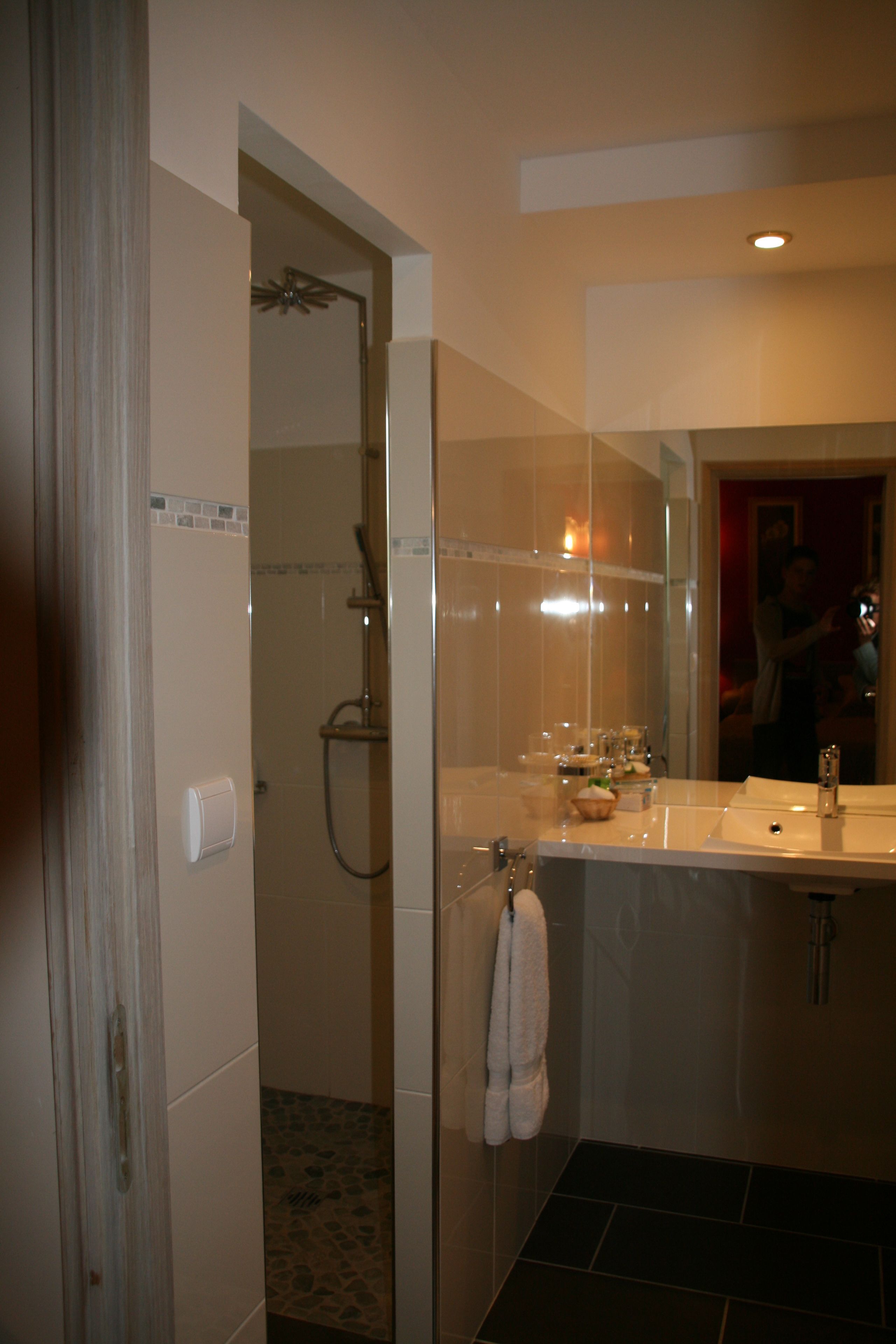 Een badkamer met een douche, wastafel en spiegel.