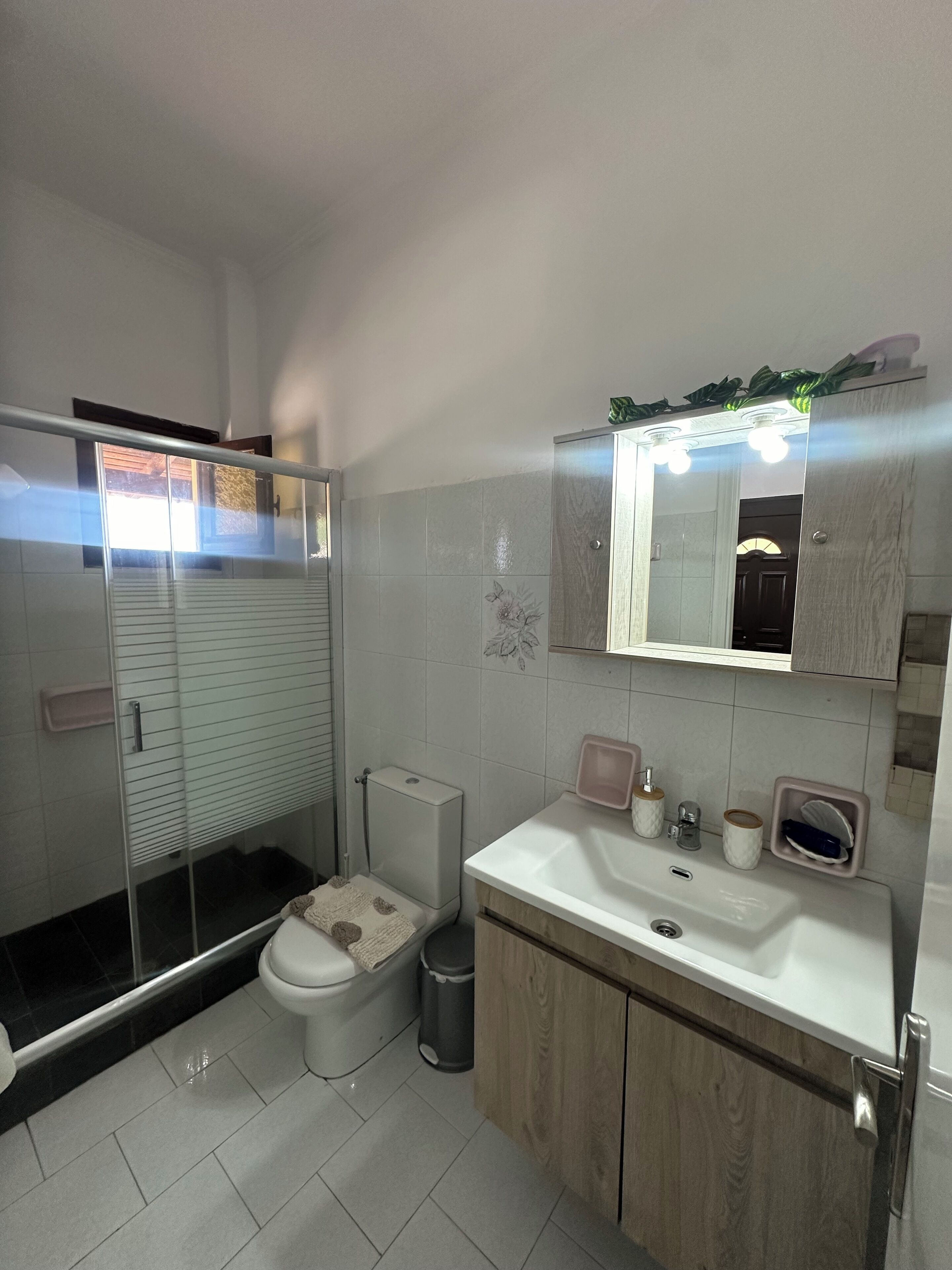 A modern bathroom with a glass shower enclosure, a toilet, a sink with a mirror above, and wooden cabinets.