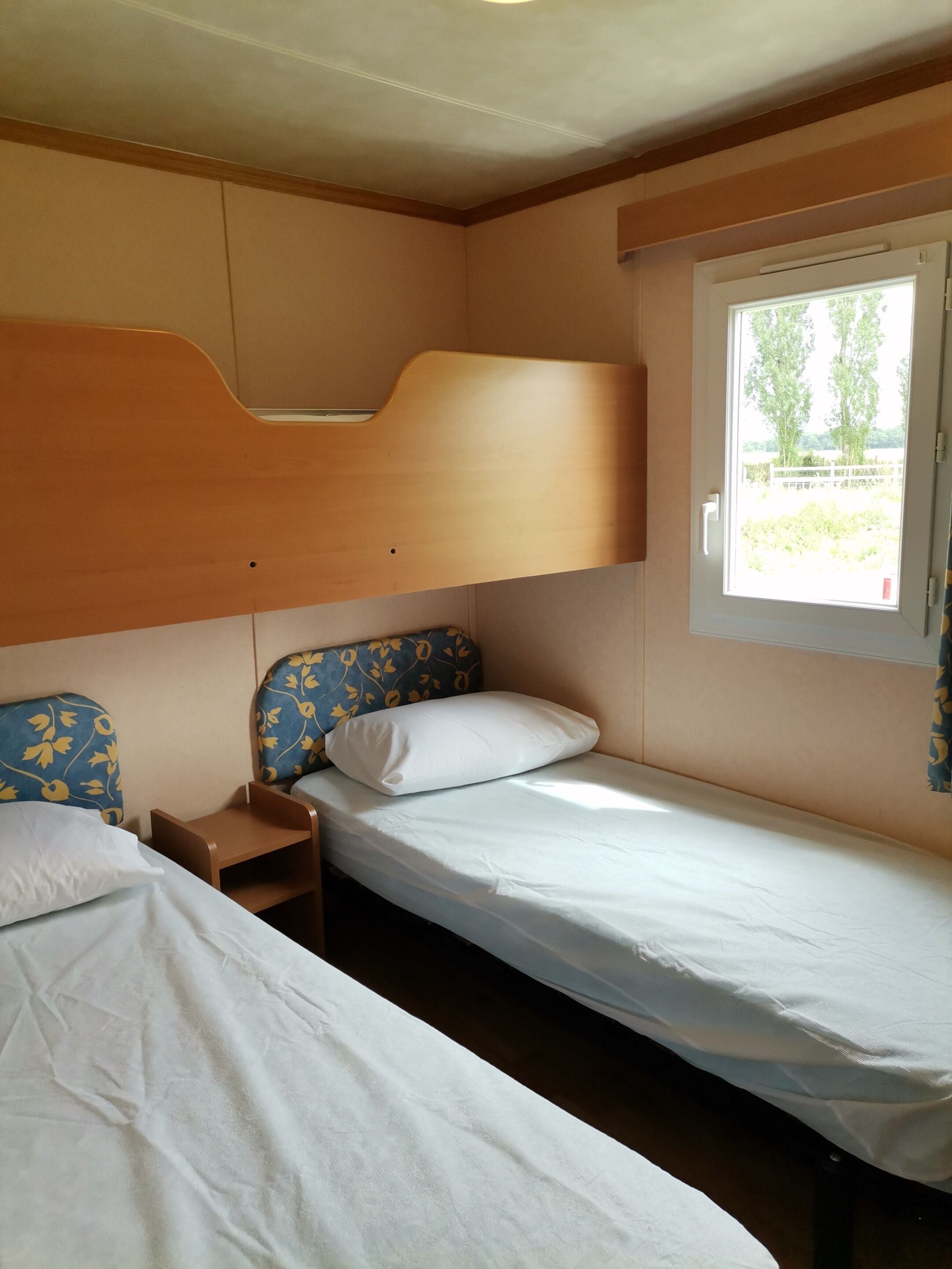Une cabine équipée de deux lits simples, de têtes de lit en bois et d’une fenêtre donnant sur un paysage verdoyant.