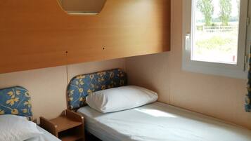 Une cabine équipée de deux lits simples, de têtes de lit en bois et d’une fenêtre donnant sur un paysage verdoyant.