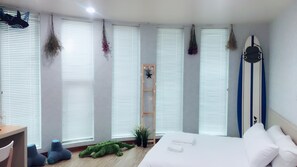 Desk, blackout curtains, free WiFi