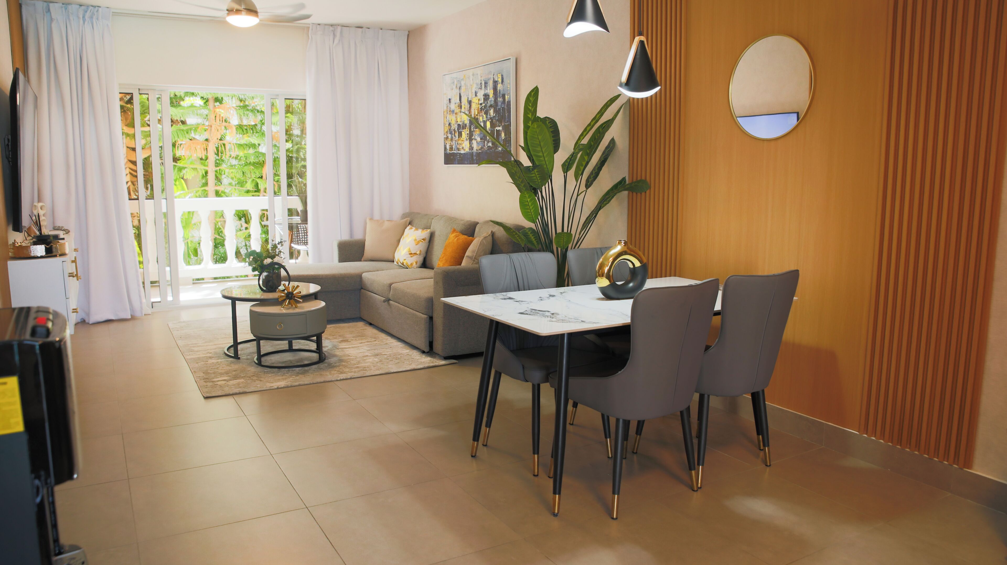 Superior Apartment With Balcony | Living area | 50-inch Smart TV with cable channels, TV