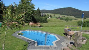 A rectangular swimming pool with a metal ladder and steps, surrounded by grass and trees. - Hotel Schwarzwaldgasthof Zur Traube (Titisee-Neustadt)