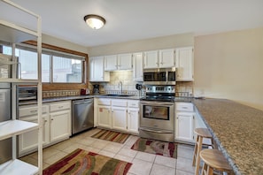 A kitchen with white cabinets, stainless steel appliances, and a window with blinds.