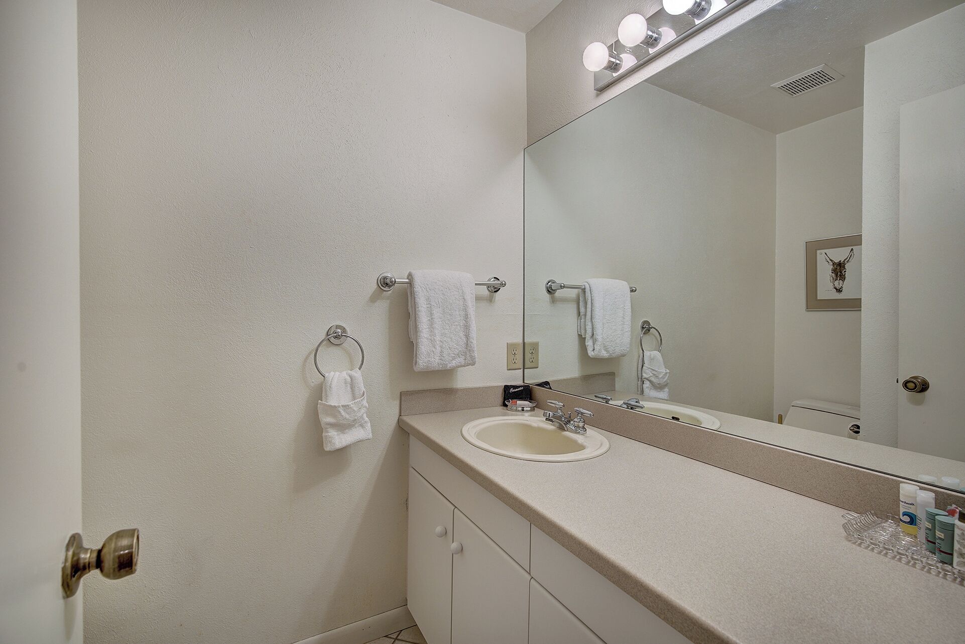 A bathroom with a sink, mirror, and towel racks.