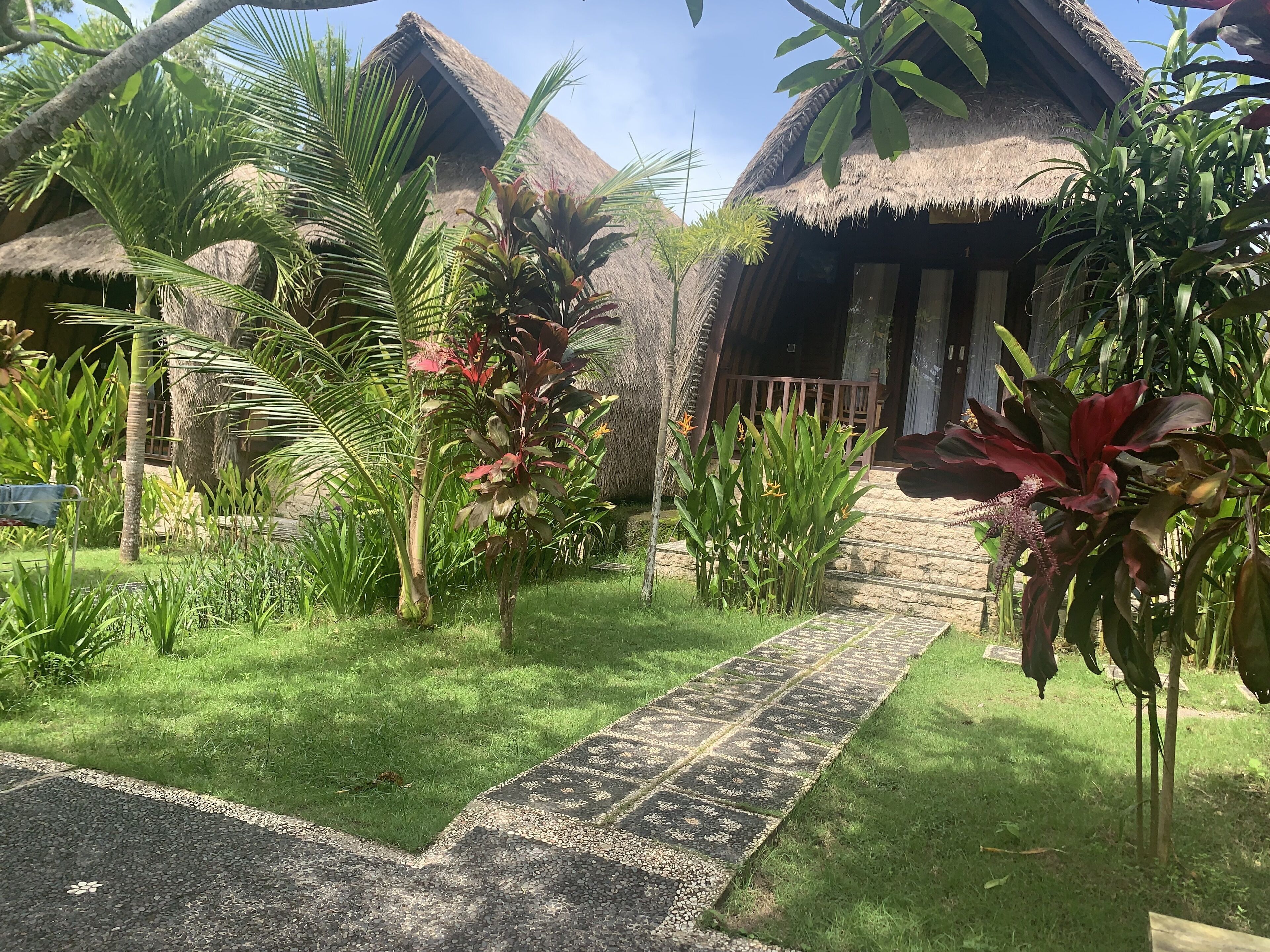 A tropical garden with thatched-roof structures, a paved pathway, and lush greenery.