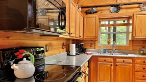 Eine Holzhütte mit einer Küche, inklusive Herd, Spüle und Holzschränken.