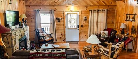 Smart TV, fireplace, video games, DVD player