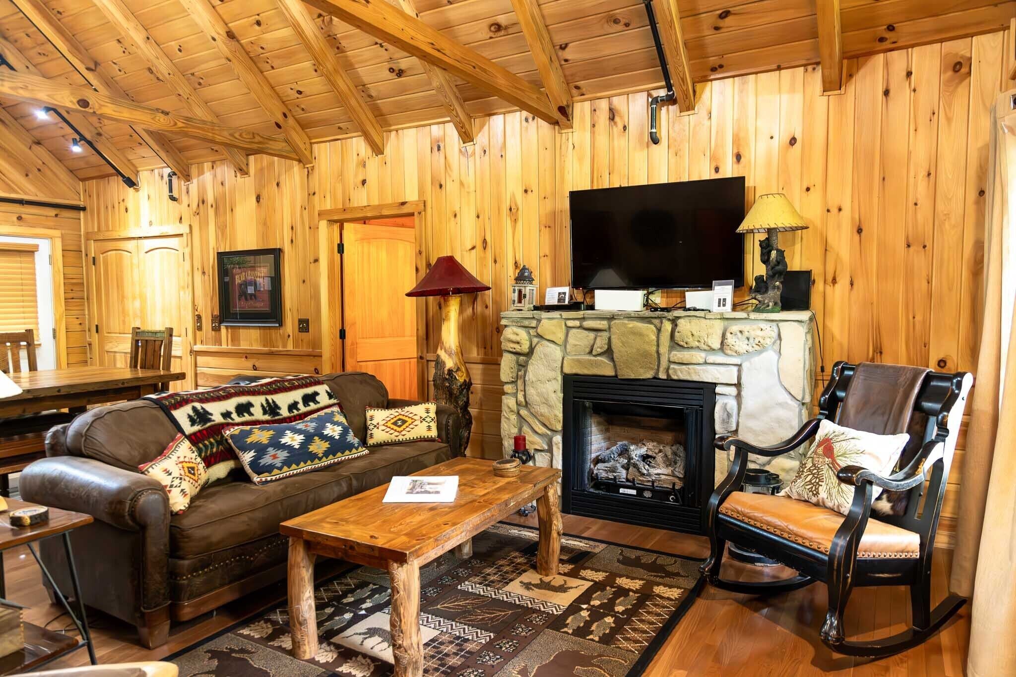 Smart TV, fireplace, video games, DVD player