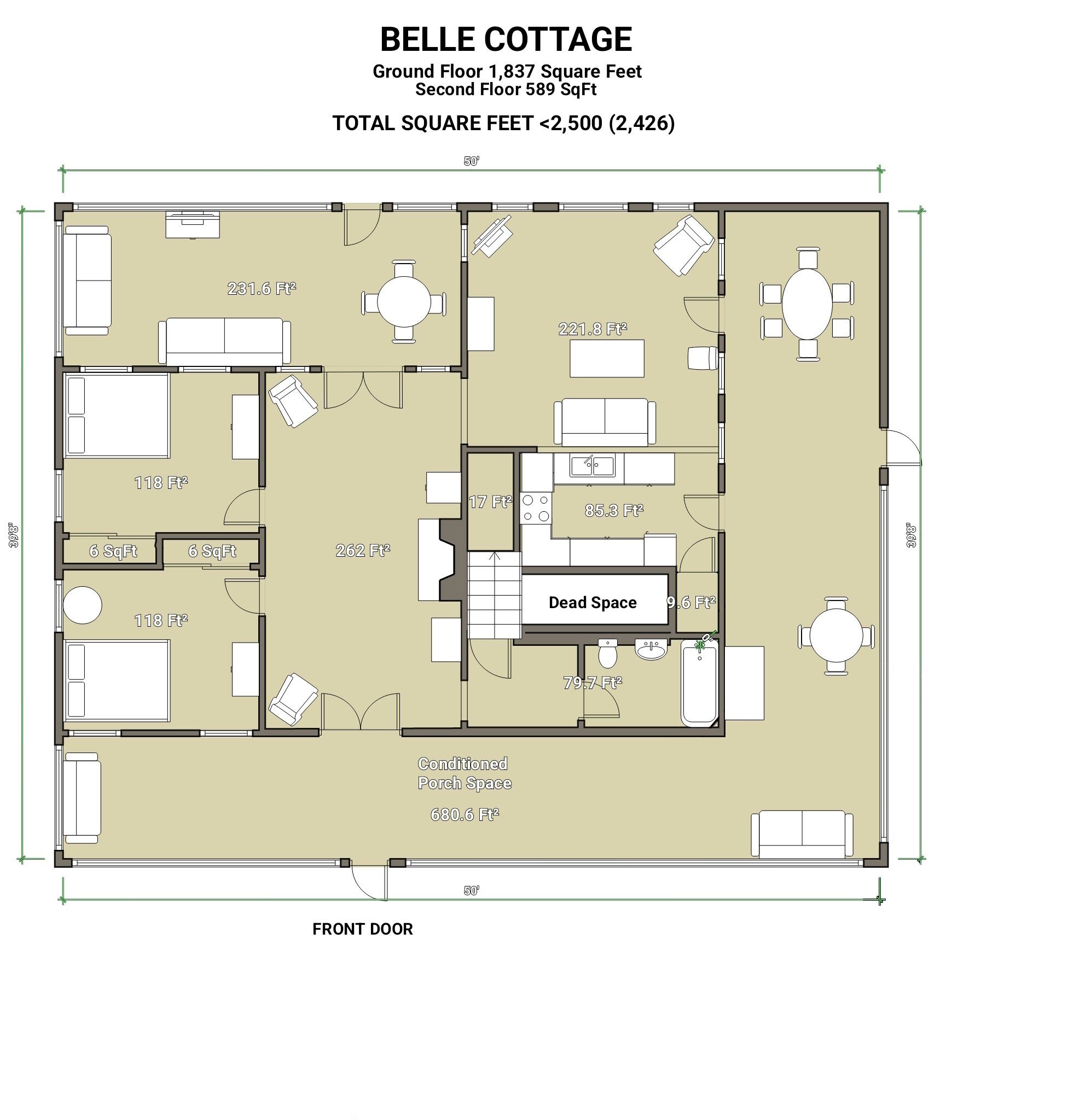 Grundplan for Belle Cottage, der viser 170 kvadratmeter på stueplan og 55 kvadratmeter på anden sal, i alt 225 kvadratmeter.
