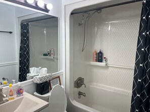 Combined shower/tub, hair dryer, bidet, towels