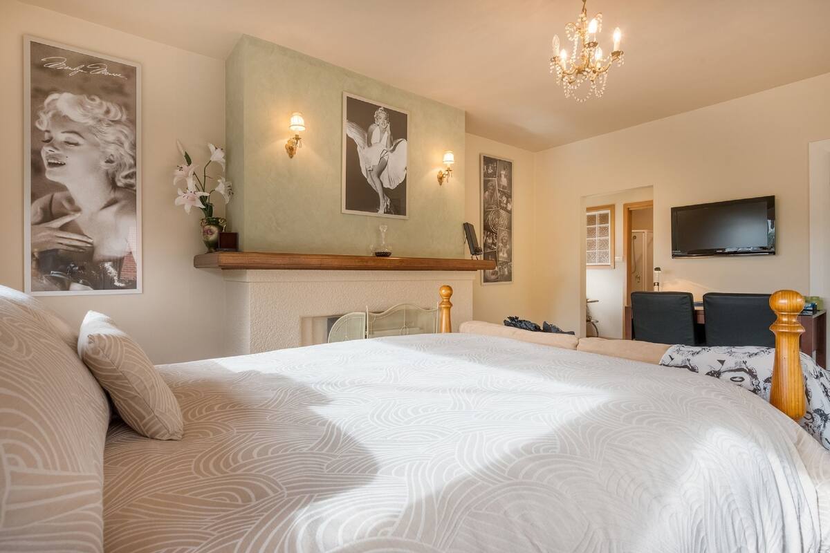 Een slaapkamer met een groot bed, een open haard, een televisie en kunstwerken aan de muur.
