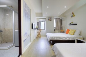 A hotel room with a shower, two beds, a desk, and a window. - Blue sky Taipei (Taipei)