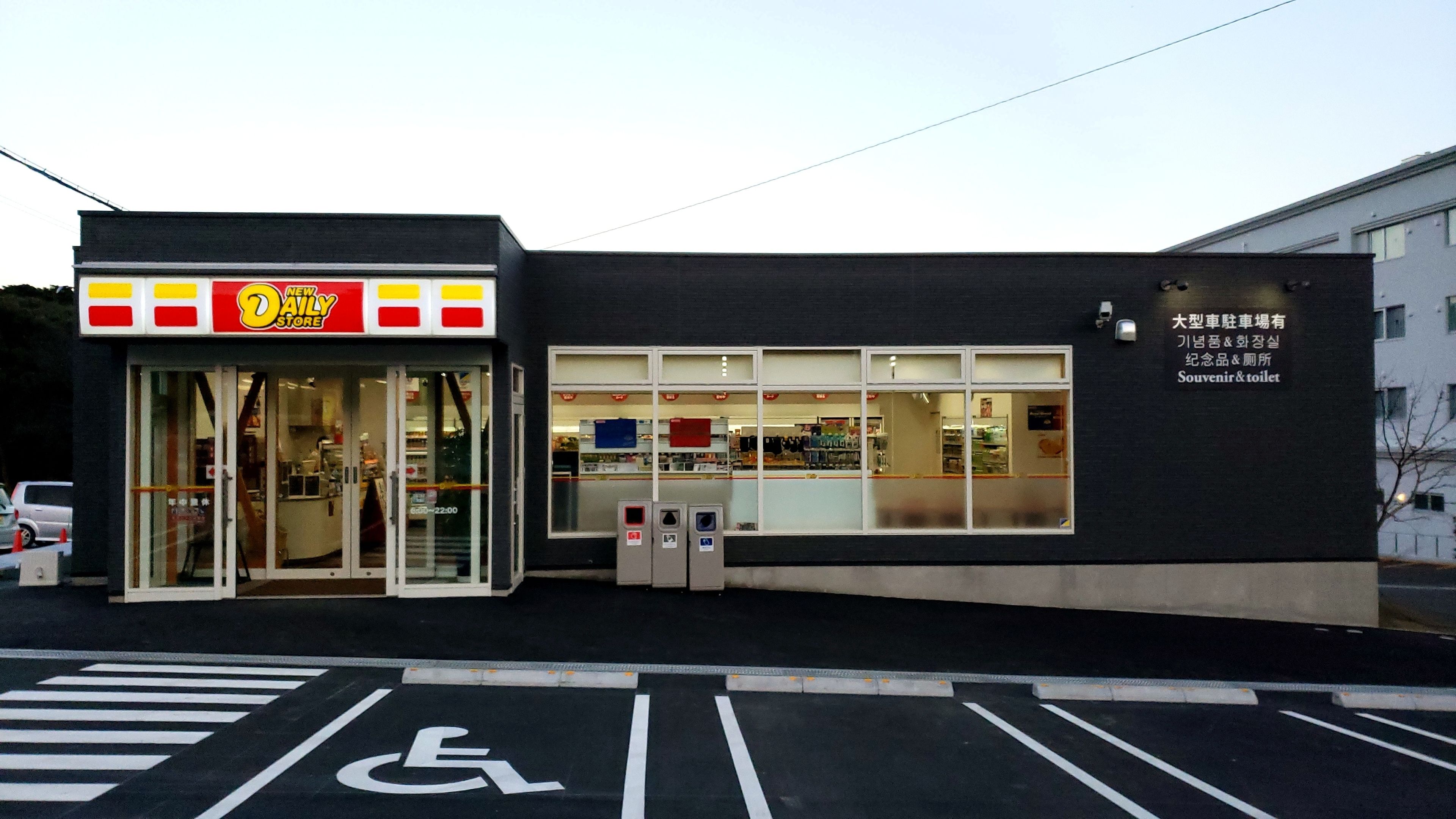 A building with a 'Daily Store' sign, a wheelchair-accessible entrance, and a parking lot with a handicapped parking space.